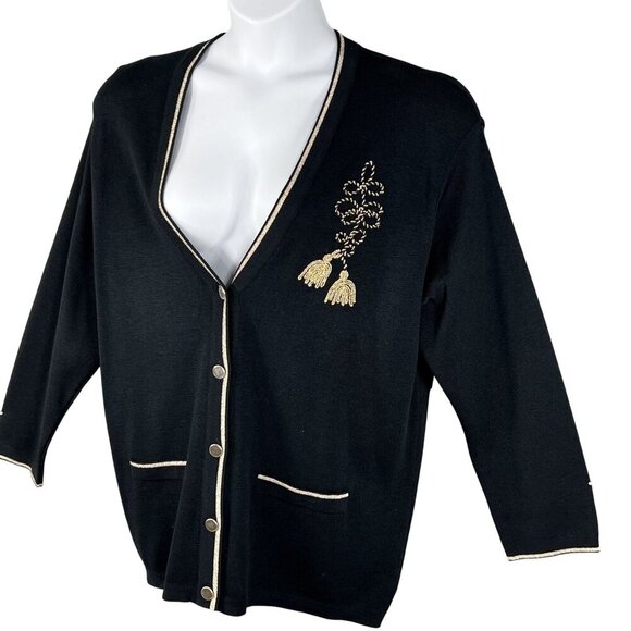 Talbots Womens XL Black Wool Cardigan Gold Embroidery Italy Made Button Up Artsy - Picture 7 of 16